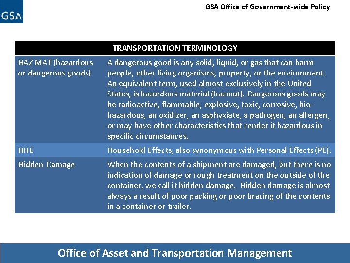 GSA Office of Government-wide Policy TRANSPORTATION TERMINOLOGY HAZ MAT (hazardous or dangerous goods) A