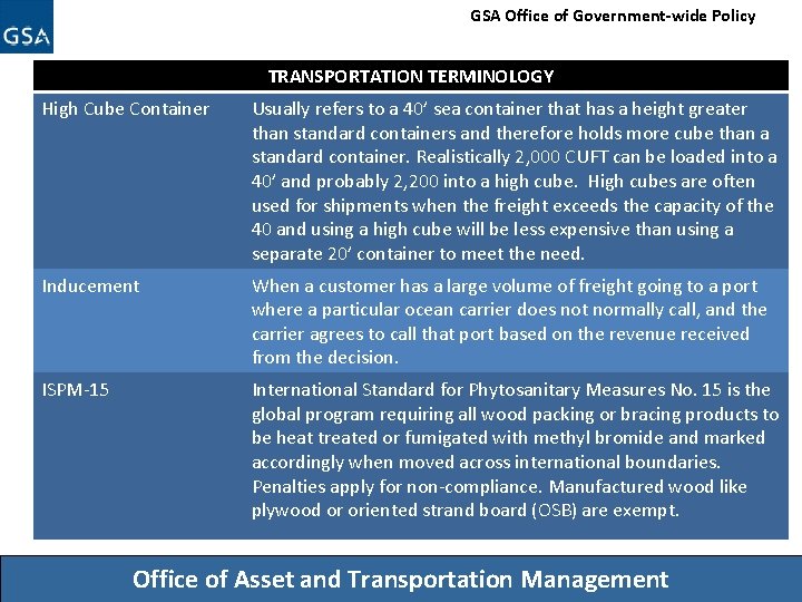 GSA Office of Government-wide Policy TRANSPORTATION TERMINOLOGY High Cube Container Usually refers to a