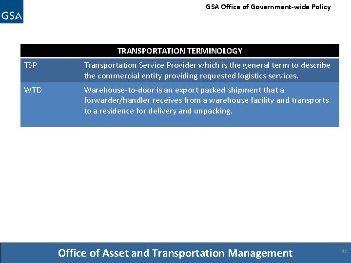 GSA Office of Government-wide Policy TRANSPORTATION TERMINOLOGY TSP Transportation Service Provider which is the