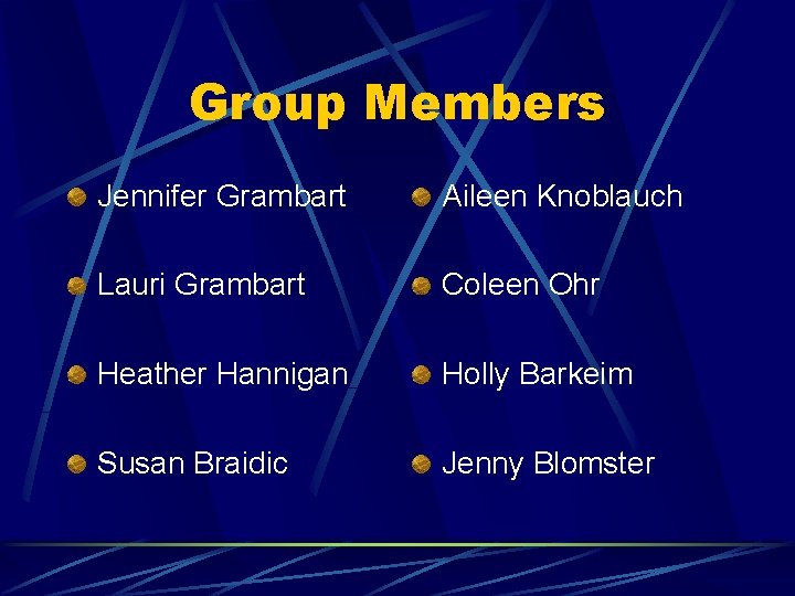 Group Members Jennifer Grambart Aileen Knoblauch Lauri Grambart Coleen Ohr Heather Hannigan Holly Barkeim