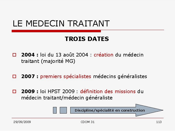 LE MEDECIN TRAITANT TROIS DATES o 2004 : loi du 13 août 2004 :