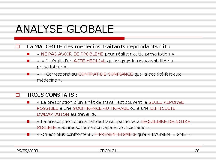 ANALYSE GLOBALE o o La MAJORITE des médecins traitants répondants dit : n «