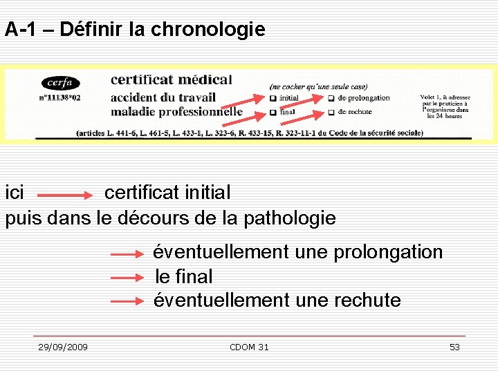 A-1 – Définir la chronologie ici certificat initial puis dans le décours de la