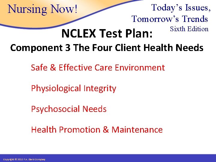 Nursing Now! Today’s Issues, Tomorrow’s Trends NCLEX Test Plan: Sixth Edition Component 3 The