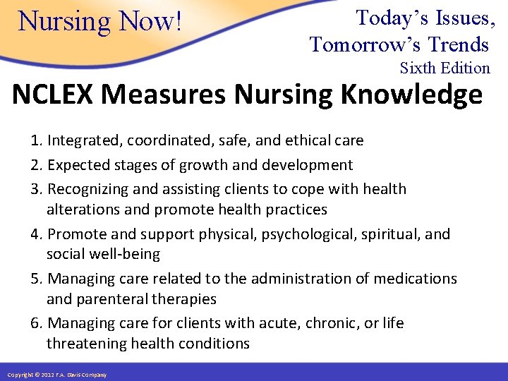 Nursing Now! Today’s Issues, Tomorrow’s Trends Sixth Edition NCLEX Measures Nursing Knowledge 1. Integrated,