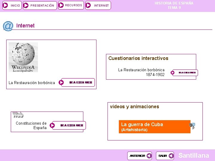 INICIO PRESENTACIÓN RECURSOS HISTORIA DE ESPAÑA TEMA 9 INTERNET Internet Cuestionarios interactivos La Restauración INICIO PRESENTACIÓN RECURSOS HISTORIA DE ESPAÑA TEMA 9 INTERNET Internet Cuestionarios interactivos La Restauración