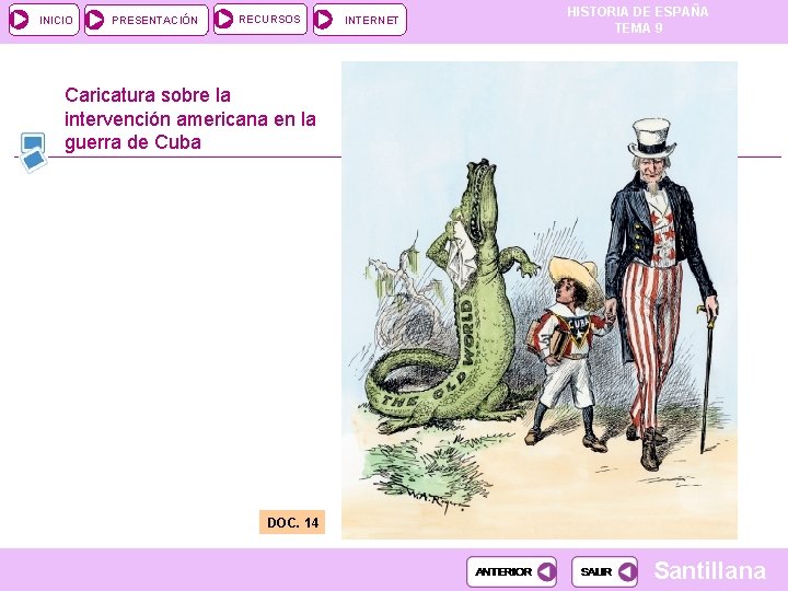 INICIO PRESENTACIÓN RECURSOS INTERNET HISTORIA DE ESPAÑA TEMA 9 Caricatura sobre la intervención americana INICIO PRESENTACIÓN RECURSOS INTERNET HISTORIA DE ESPAÑA TEMA 9 Caricatura sobre la intervención americana