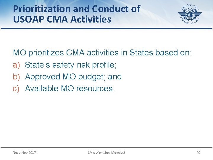 Prioritization and Conduct of USOAP CMA Activities MO prioritizes CMA activities in States based