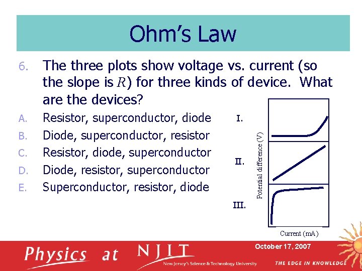 Ohm’s Law 6. The three plots show voltage vs. current (so the slope is