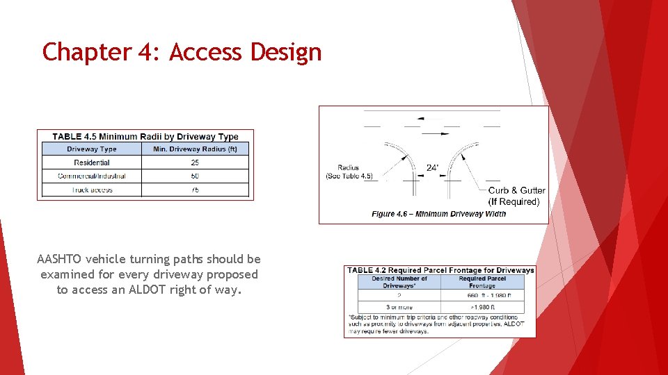 Chapter 4: Access Design AASHTO vehicle turning paths should be examined for every driveway