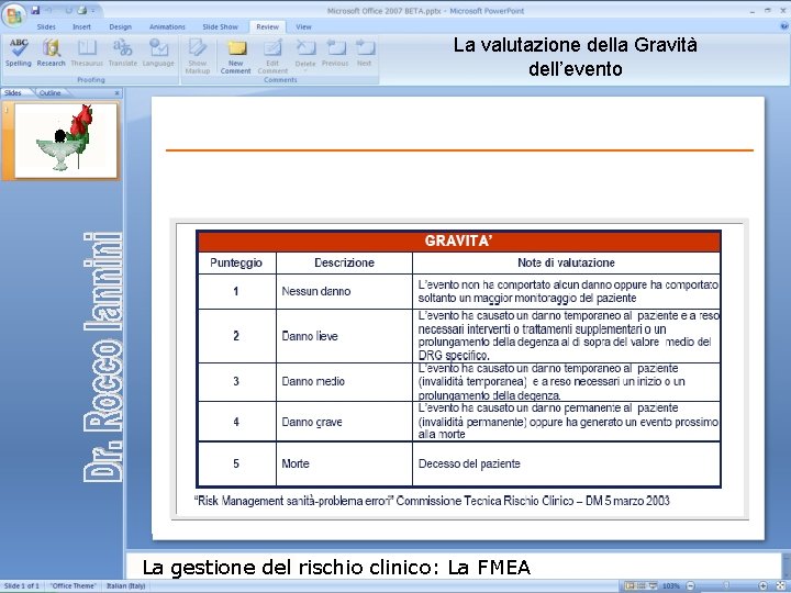 La valutazione della Gravità dell’evento La gestione del rischio clinico: La FMEA La valutazione della Gravità dell’evento La gestione del rischio clinico: La FMEA