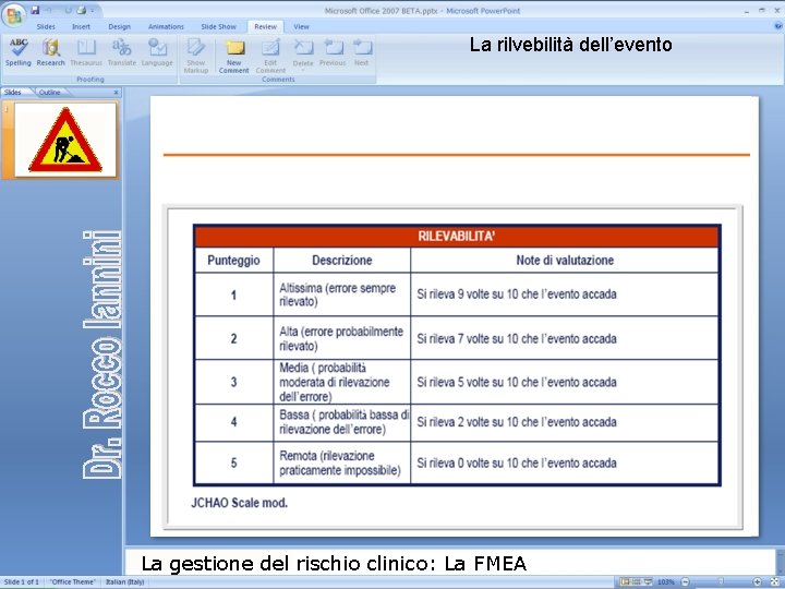 La rilvebilità dell’evento La gestione del rischio clinico: La FMEA 