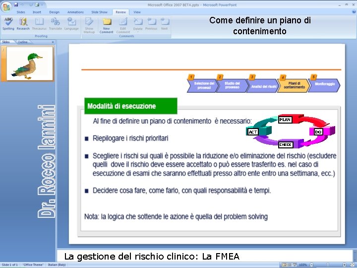 Come definire un piano di contenimento PLAN ACT DO CHECK La gestione del rischio