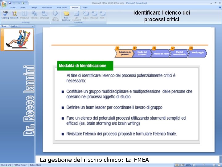 Identificare l’elenco dei processi critici La gestione del rischio clinico: La FMEA 