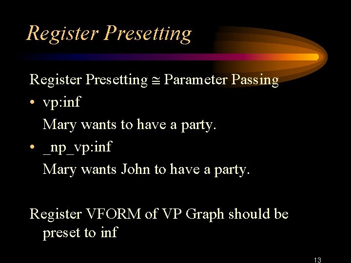 Register Presetting Parameter Passing • vp: inf Mary wants to have a party. •