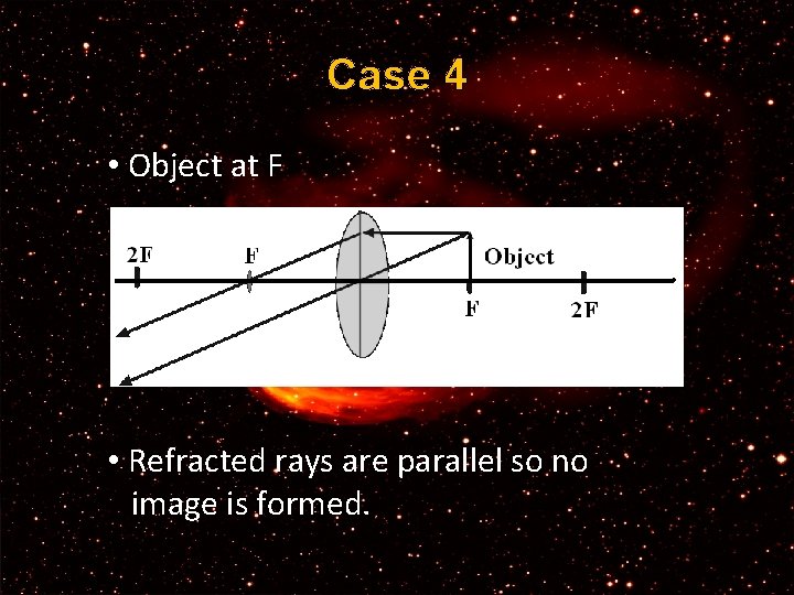 Case 4 • Object at F • Refracted rays are parallel so no image