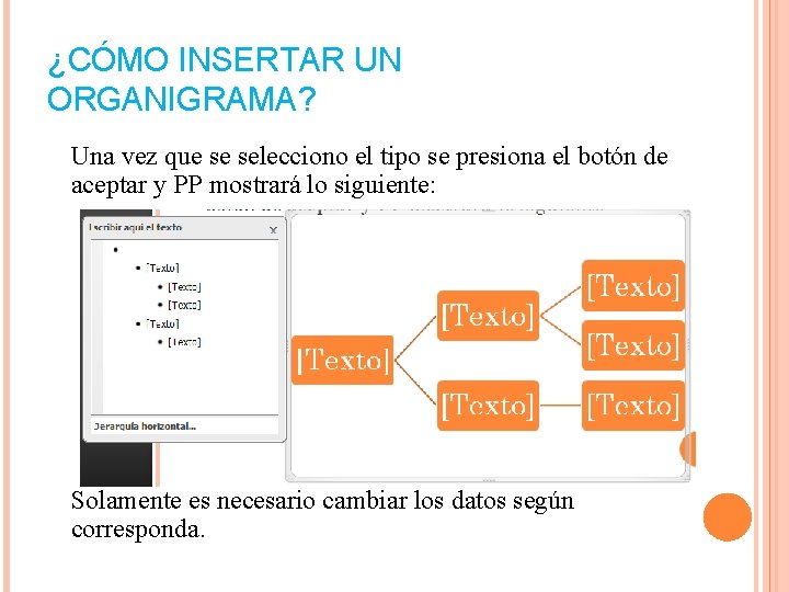 ¿CÓMO INSERTAR UN ORGANIGRAMA? Una vez que se selecciono el tipo se presiona el ¿CÓMO INSERTAR UN ORGANIGRAMA? Una vez que se selecciono el tipo se presiona el