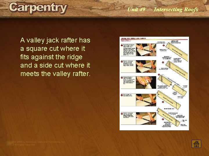 Unit 49 — Intersecting Roofs A valley jack rafter has a square cut where