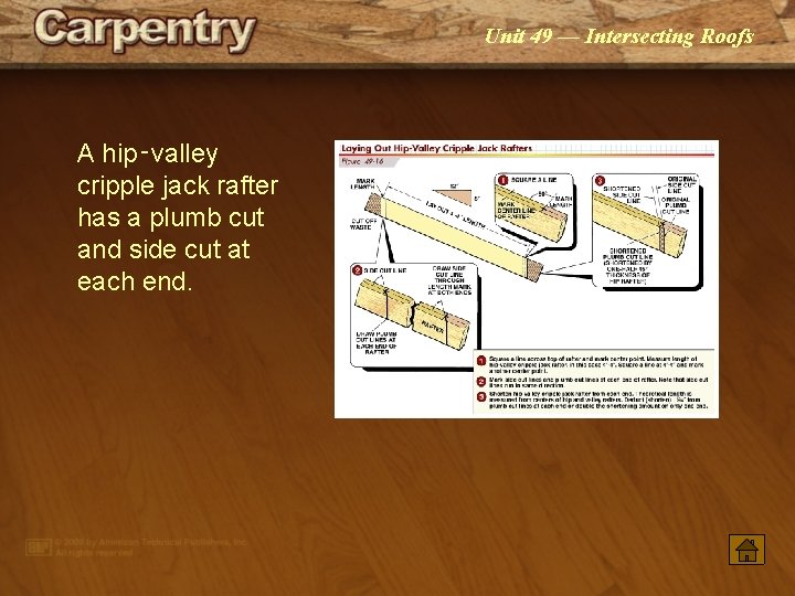 Unit 49 — Intersecting Roofs A hip‑valley cripple jack rafter has a plumb cut