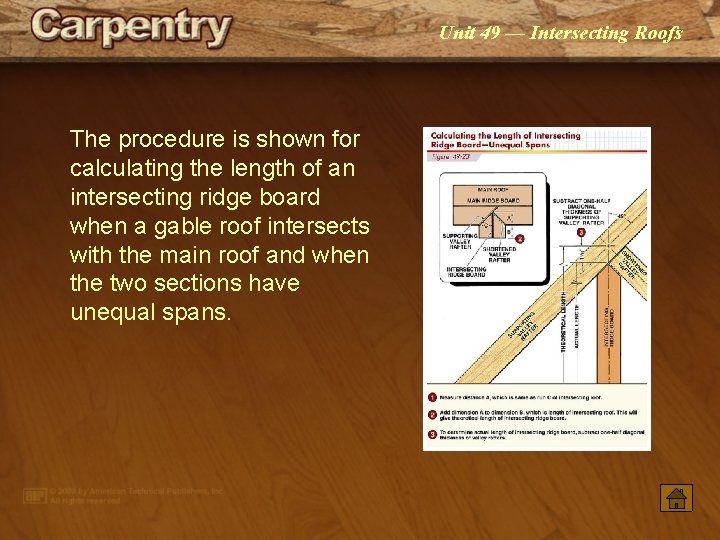 Unit 49 — Intersecting Roofs The procedure is shown for calculating the length of