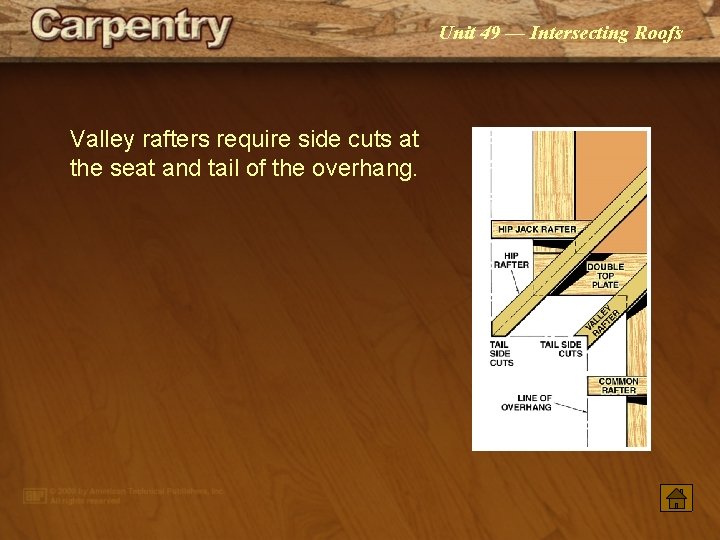 Unit 49 — Intersecting Roofs Valley rafters require side cuts at the seat and