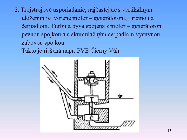 2. Trojstrojové usporiadanie, najčastejšie s vertikálnym uložením je tvorené motor – generátorom, turbínou a