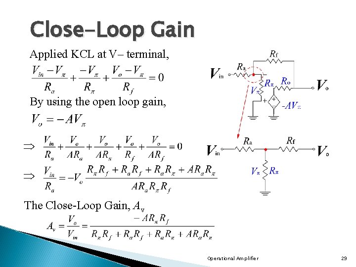 Close-Loop Gain Applied KCL at V– terminal, By using the open loop gain, The Close-Loop Gain Applied KCL at V– terminal, By using the open loop gain, The
