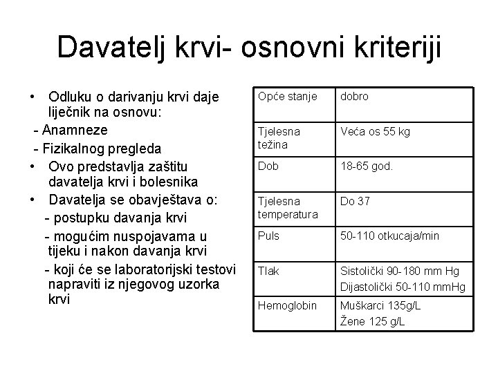 Davatelj krvi- osnovni kriteriji • Odluku o darivanju krvi daje liječnik na osnovu: -