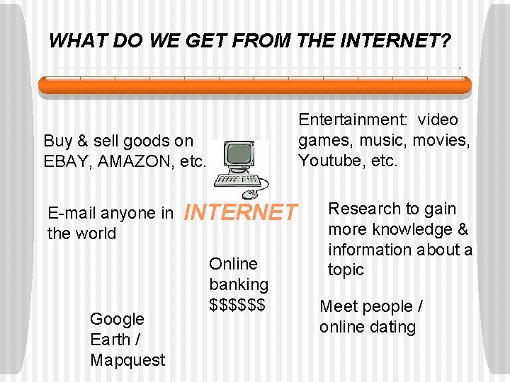 WHAT DO WE GET FROM THE INTERNET? Entertainment: video games, music, movies, Youtube, etc.