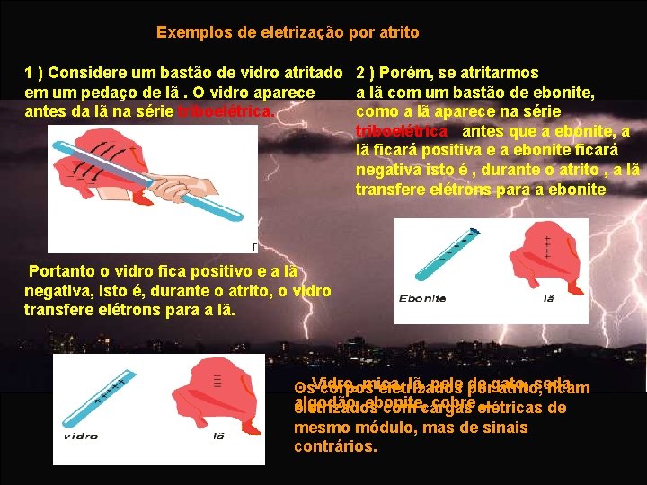 Exemplos de eletrização por atrito 1 ) Considere um bastão de vidro atritado 2