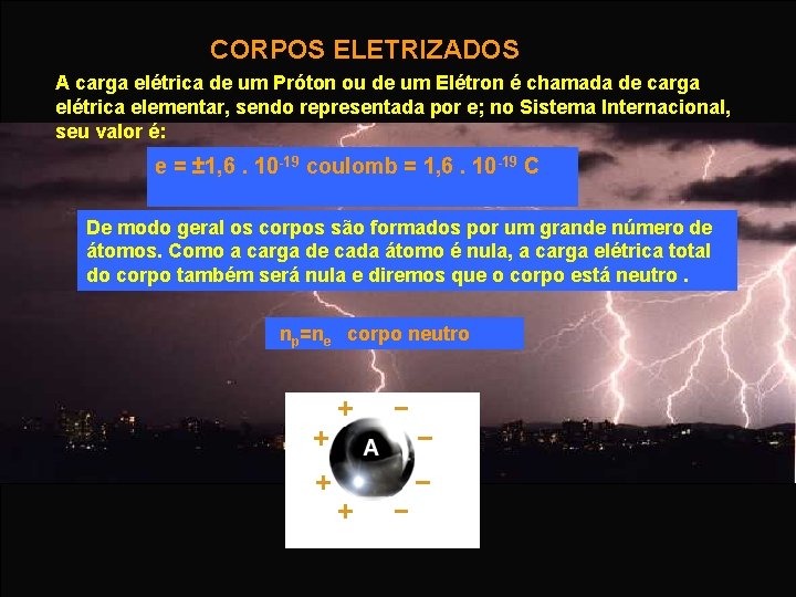  CORPOS ELETRIZADOS A carga elétrica de um Próton ou de um Elétron é