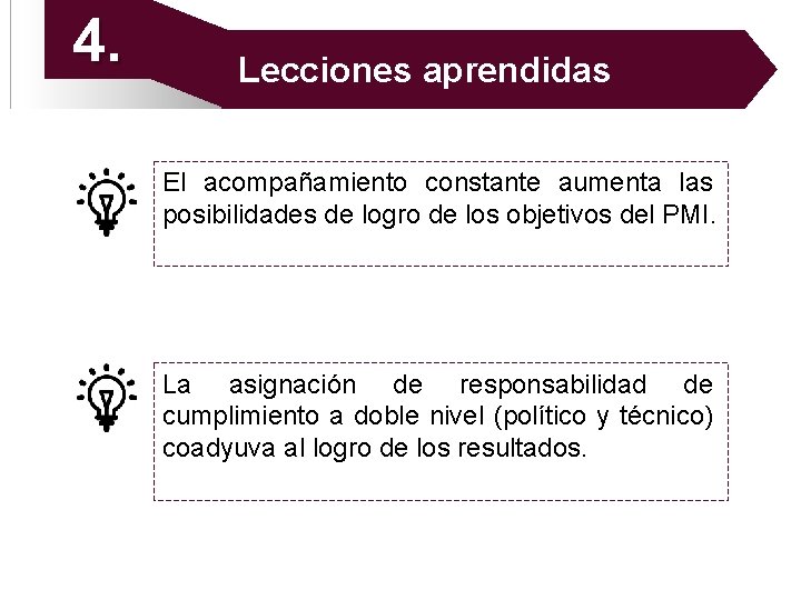 4. Lecciones aprendidas El acompañamiento constante aumenta las posibilidades de logro de los objetivos