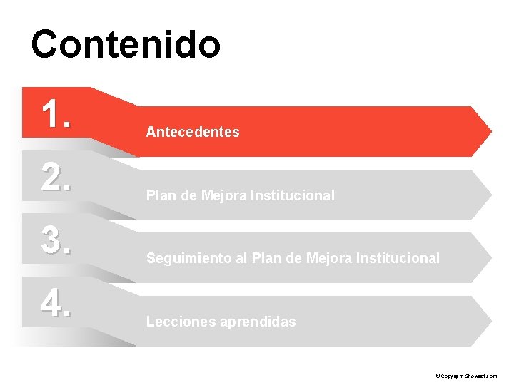 Contenido 1. Antecedentes 2. Plan de Mejora Institucional 3. Seguimiento al Plan de Mejora