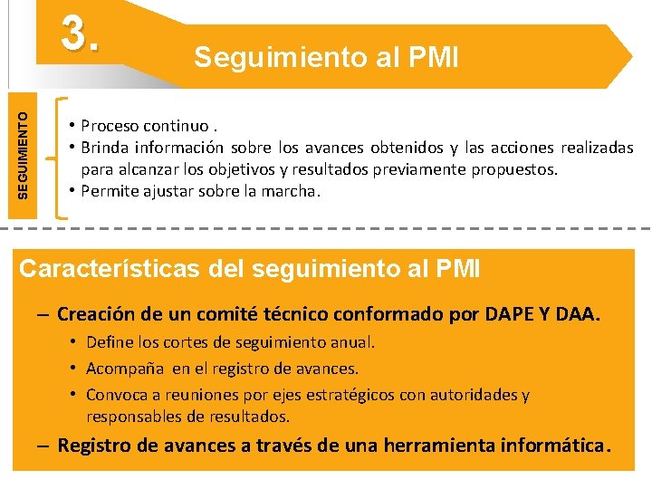 SEGUIMIENTO 3. Seguimiento al PMI • Proceso continuo. • Brinda información sobre los avances