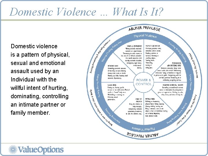 Domestic Violence … What Is It? Domestic violence is a pattern of physical, sexual
