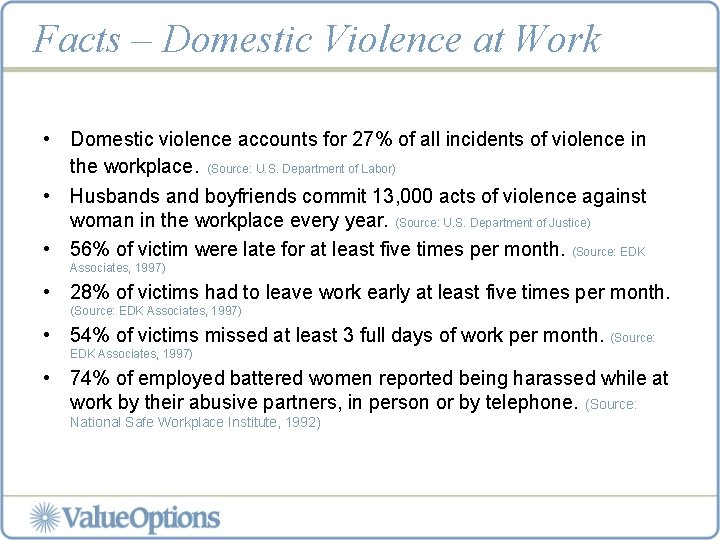 Facts – Domestic Violence at Work • Domestic violence accounts for 27% of all