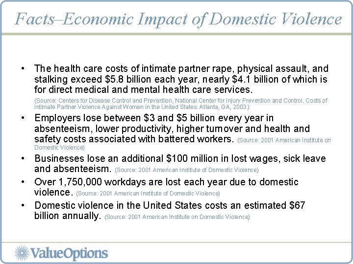 Facts–Economic Impact of Domestic Violence • The health care costs of intimate partner rape,