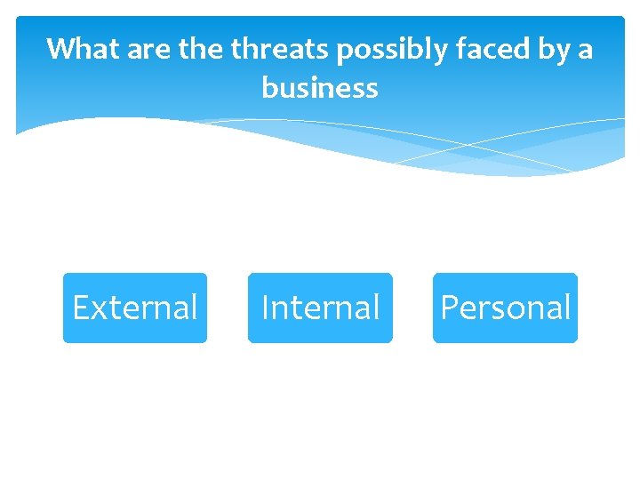 What are threats possibly faced by a business External Internal Personal 