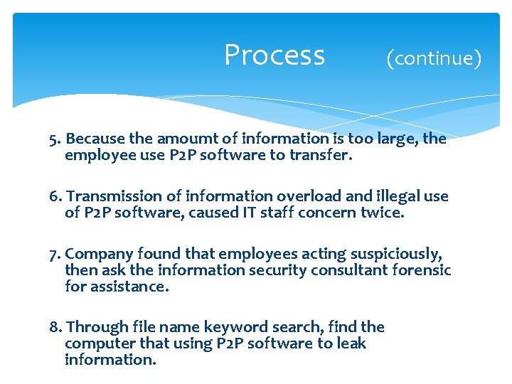 Process (continue) 5. Because the amoumt of information is too large, the employee use