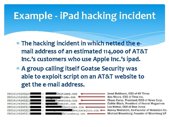 Example - i. Pad hacking incident The hacking incident in which netted the email