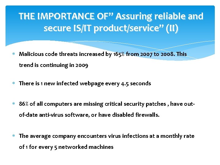 THE IMPORTANCE OF” Assuring reliable and secure IS/IT product/service” (II) Malicious code threats increased