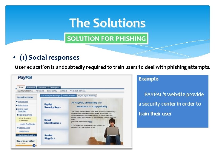 The Solutions SOLUTION FOR PHISHING • (1) Social responses User education is undoubtedly required