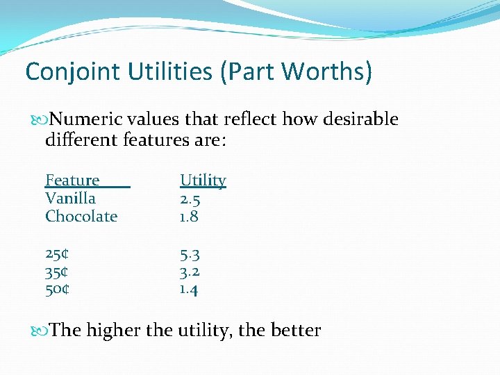 Conjoint Utilities (Part Worths) Numeric values that reflect how desirable different features are: Feature