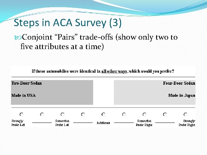 Steps in ACA Survey (3) Conjoint “Pairs” trade-offs (show only two to five attributes