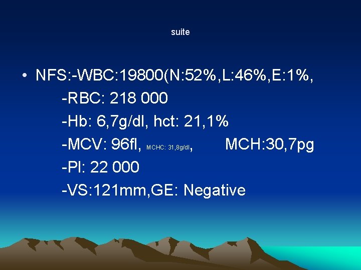 suite • NFS: -WBC: 19800(N: 52%, L: 46%, E: 1%, -RBC: 218 000 -Hb: suite • NFS: -WBC: 19800(N: 52%, L: 46%, E: 1%, -RBC: 218 000 -Hb: