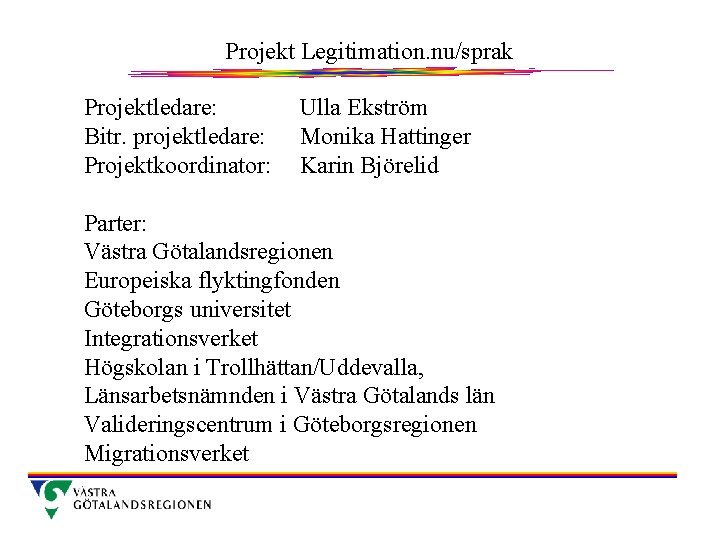 Projekt Legitimation. nu/sprak Projektledare: Bitr. projektledare: Projektkoordinator: Ulla Ekström Monika Hattinger Karin Björelid Parter: