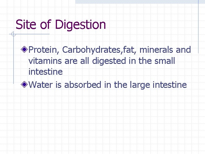 Site of Digestion Protein, Carbohydrates, fat, minerals and vitamins are all digested in the