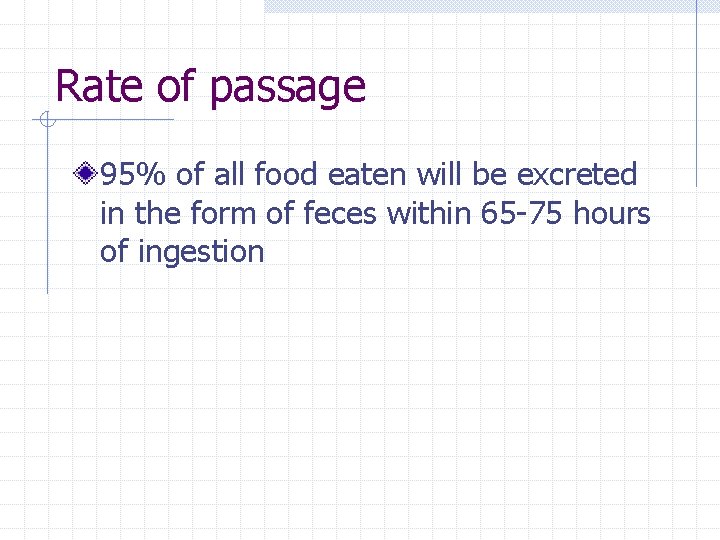 Rate of passage 95% of all food eaten will be excreted in the form