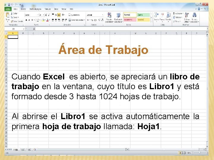 Área de Trabajo Cuando Excel es abierto, se apreciará un libro de trabajo en