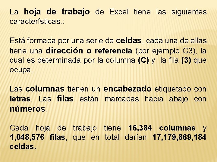 La hoja de trabajo de Excel tiene las siguientes características. : Está formada por